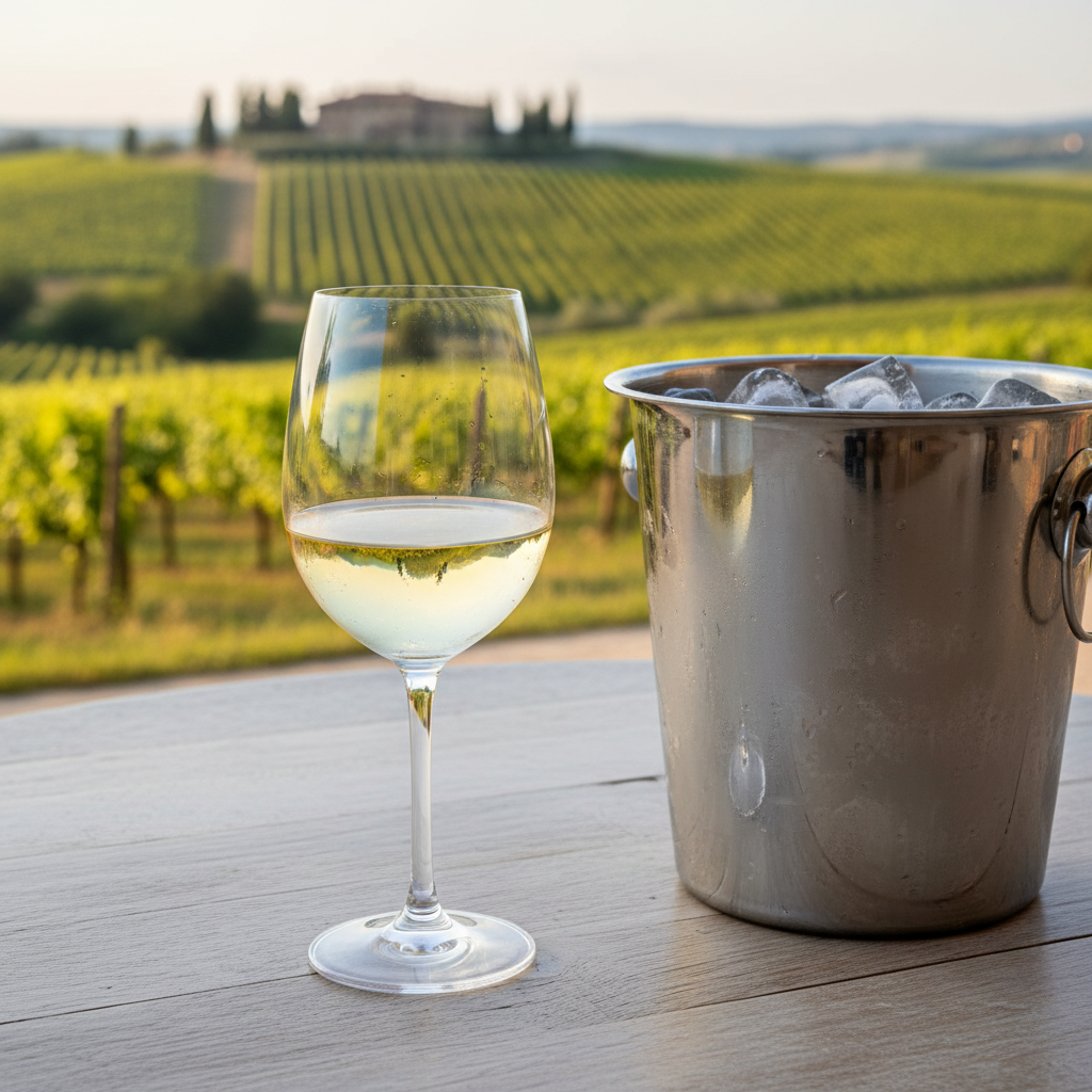 Taça de Pinot Grigio gelada em balde de gelo, em terraço com vista para um vinhedo italiano ensolarado.