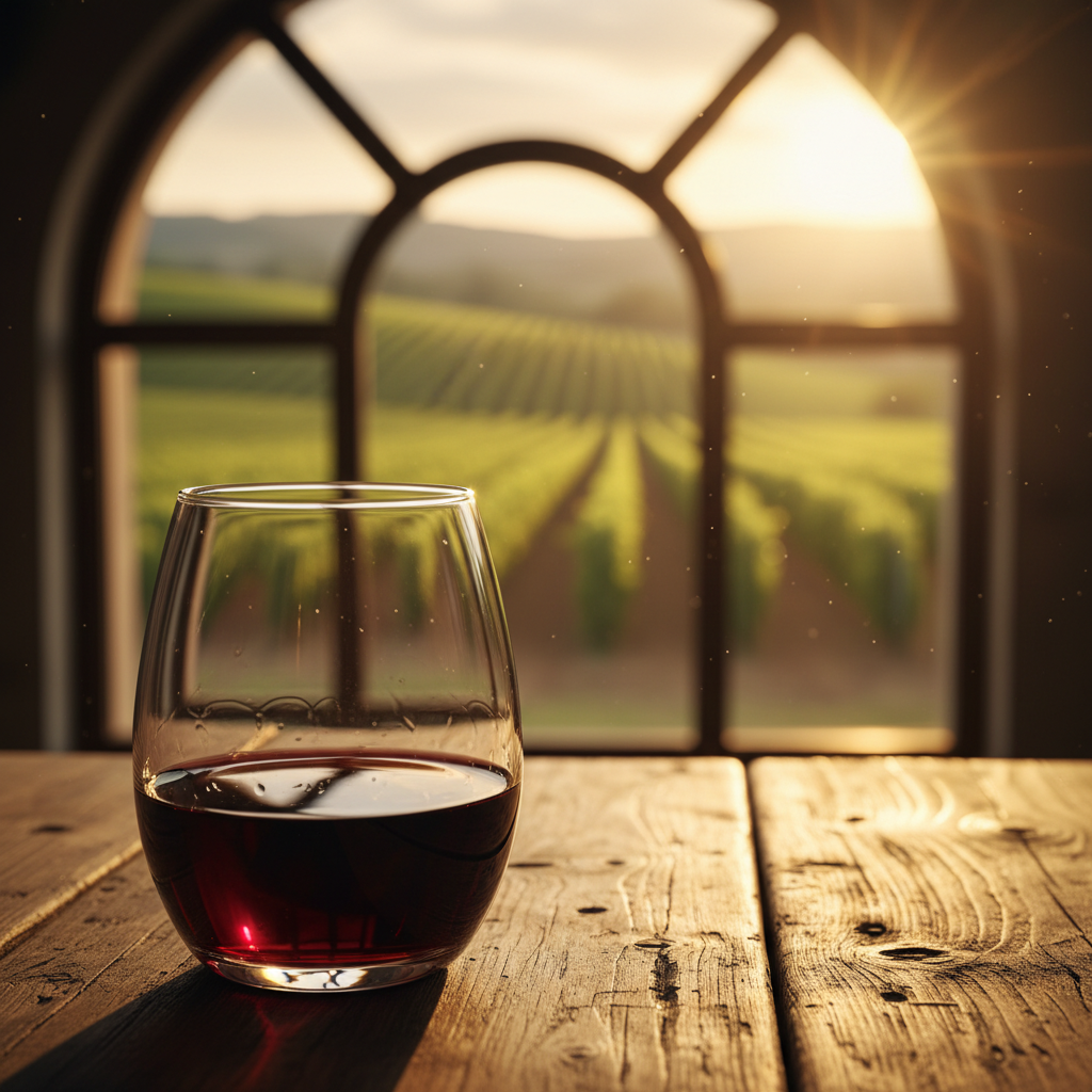 Taça de vinho tinto Nebbiolo em adega rústica, com vinhedos ensolarados do Piemonte ao fundo.
