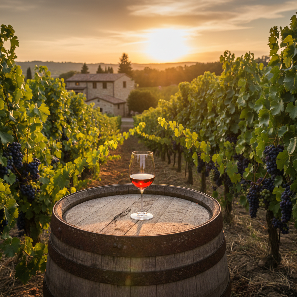 Taça de vinho tinto leve sobre barril de madeira em vinhedo ao pôr do sol, com uvas Picpoul Noir ao fundo.