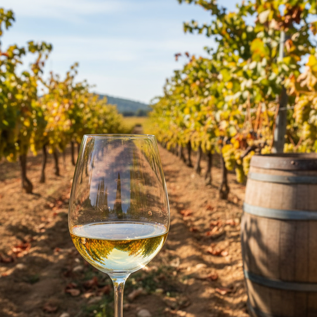 Taça elegante de vinho branco Xarel-lo em primeiro plano, com um vinhedo ensolarado da região do Penedès e um barril de carvalho ao fundo.