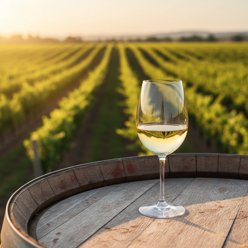 Taça de vinho Pinot Blanc com reflexos dourados sobre um barril de carvalho, com um vinhedo verdejante ao fundo sob a luz do sol.