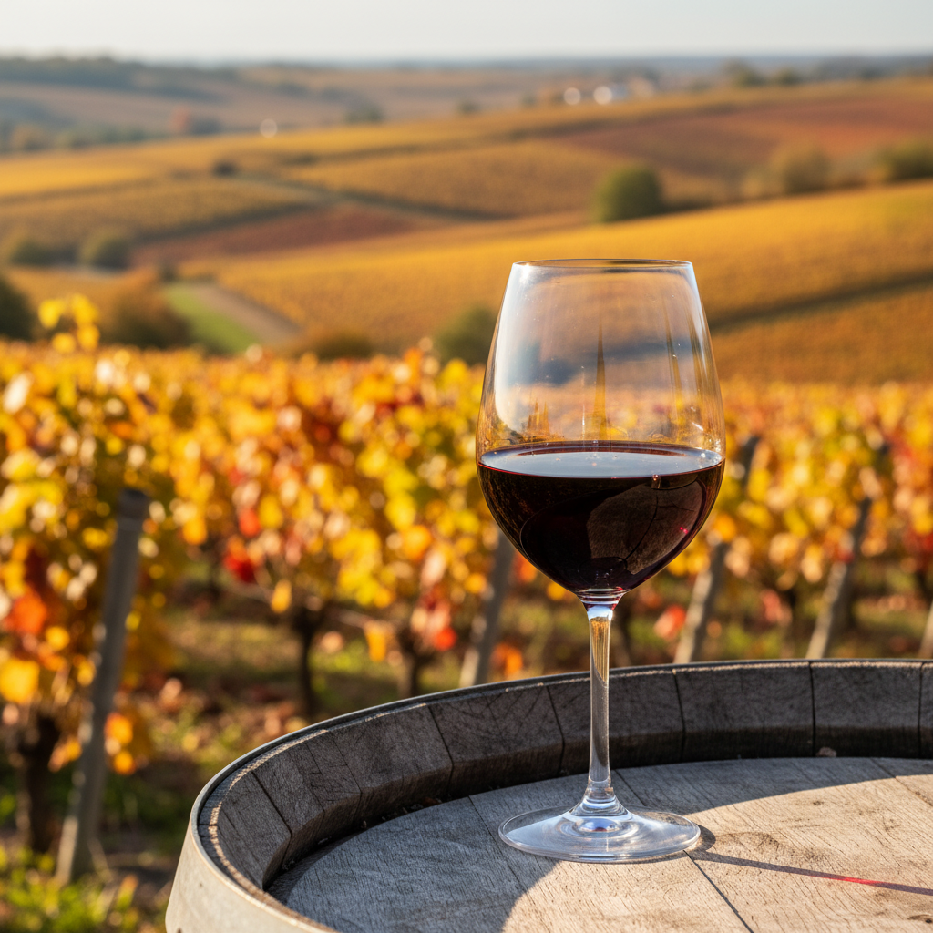 Taça de vinho Gamay vibrante sobre um barril de madeira, com um vinhedo de Beaujolais colorido ao fundo.