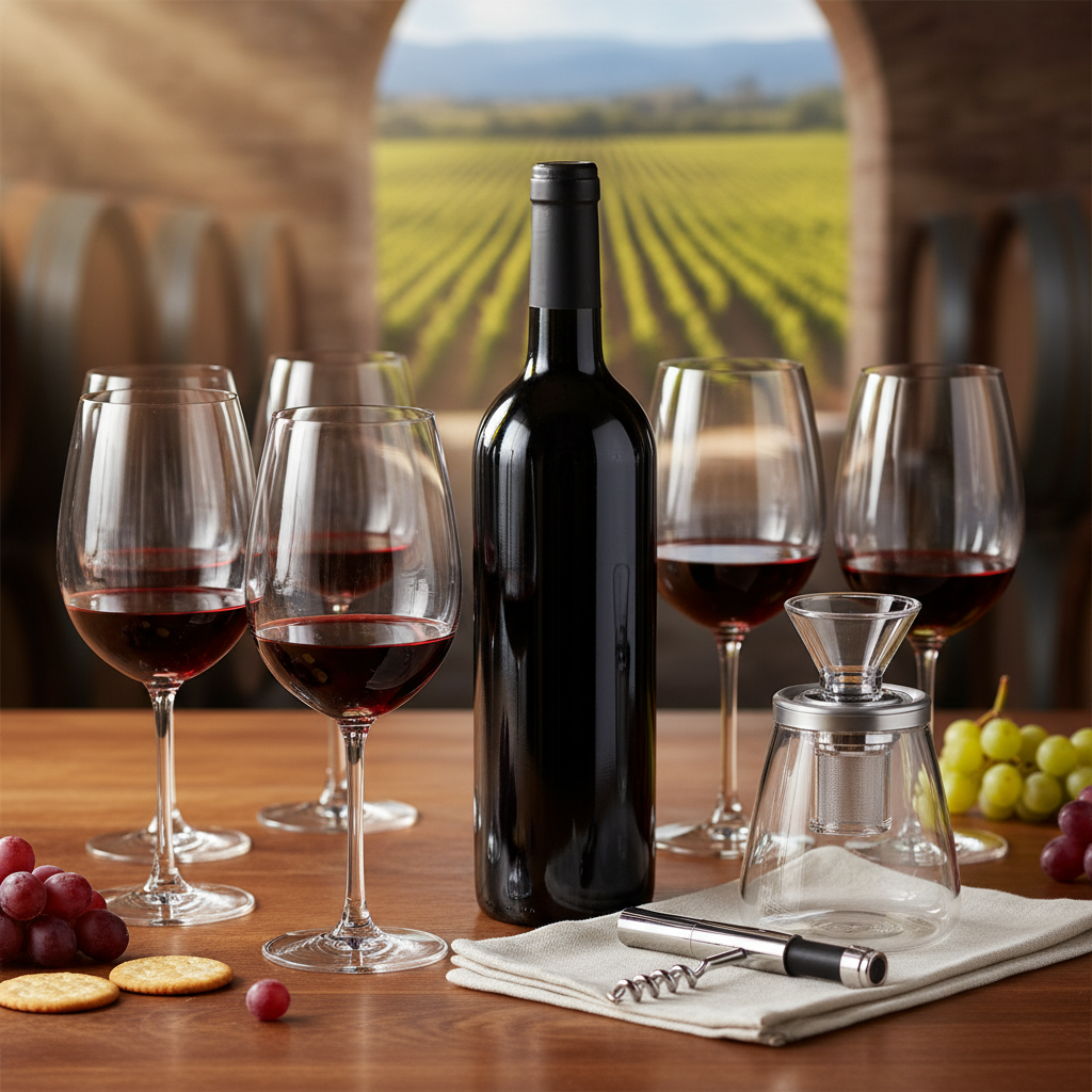 Mesa elegante com taças de vinho e uma garrafa de Pinot Noir, pronta para uma degustação, com um vinhedo ou adega ao fundo.