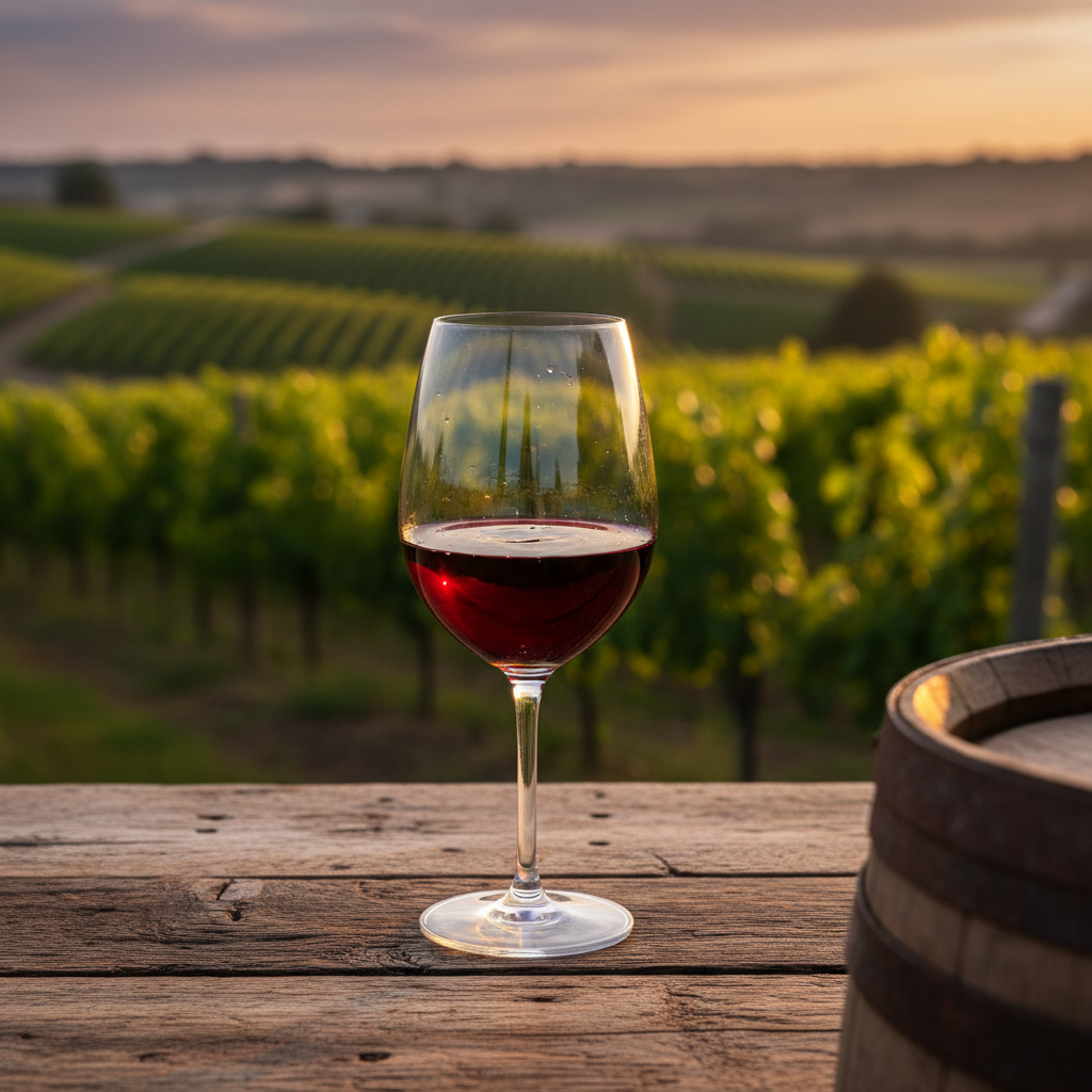 Taça de vinho Carmenère sobre mesa de madeira rústica, com vinhedos chilenos ao fundo e barril de carvalho.