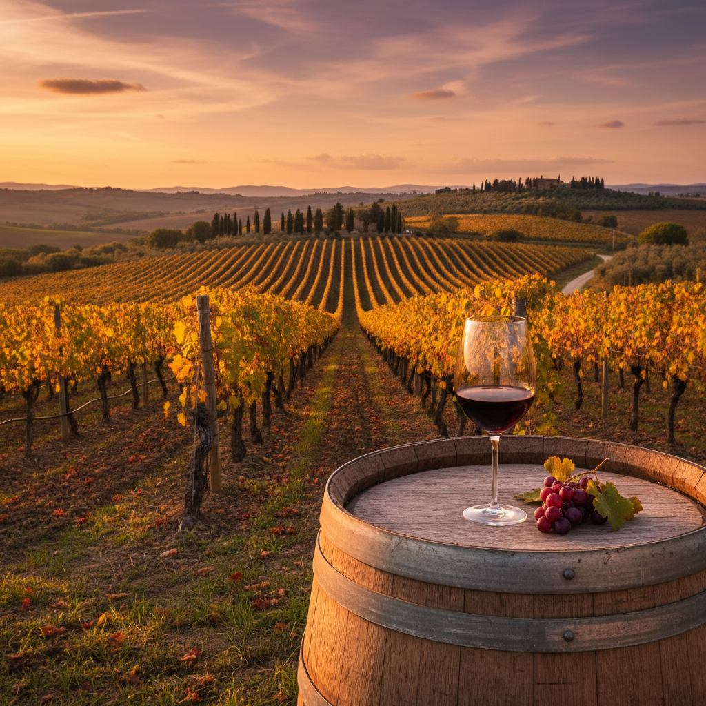 Taça de vinho tinto sobre um barril de carvalho em um vinhedo toscano ao pôr do sol, com fileiras de videiras ao fundo.