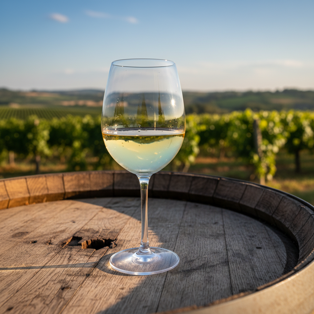 Taça de vinho branco Müller-Thurgau com coloração amarelo-palha clara, sobre uma mesa de madeira rústica em um vinhedo ensolarado, com videiras e montanhas ao fundo.
