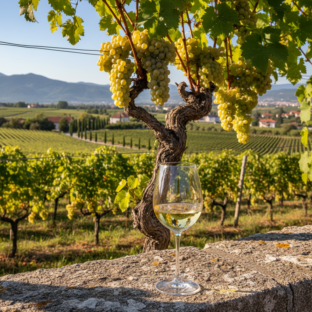 Taça de vinho branco Rotgipfler com reflexos dourados, apoiada em um muro de pedra com um vinhedo ensolarado da Thermenregion, Áustria, ao fundo.