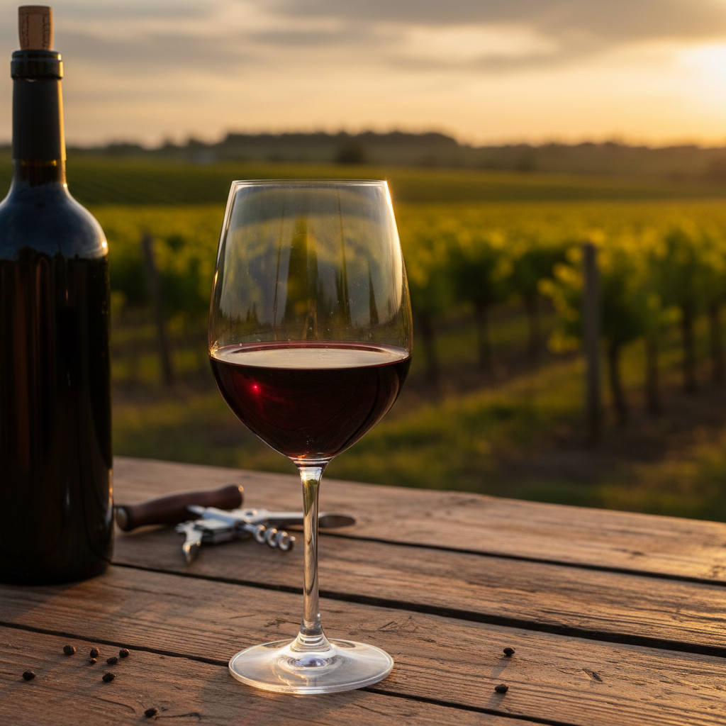 Taça de vinho tinto Bonarda em uma mesa de madeira rústica, com um vinhedo argentino iluminado pelo sol do entardecer ao fundo. Detalhes de uma garrafa de vinho e um saca-rolhas de sommelier.