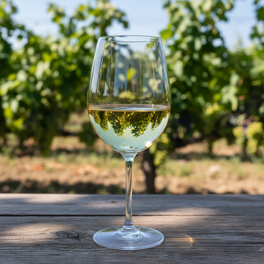 Taça de vinho branco Seyval Blanc com coloração pálida, sobre uma superfície de madeira rústica, com vinhedos verdes e ensolarados ao fundo.