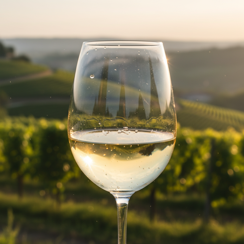 Taça de vinho branco Arneis, refletindo o sol em um vinhedo do Piemonte, Itália, com foco na serenidade do ambiente.