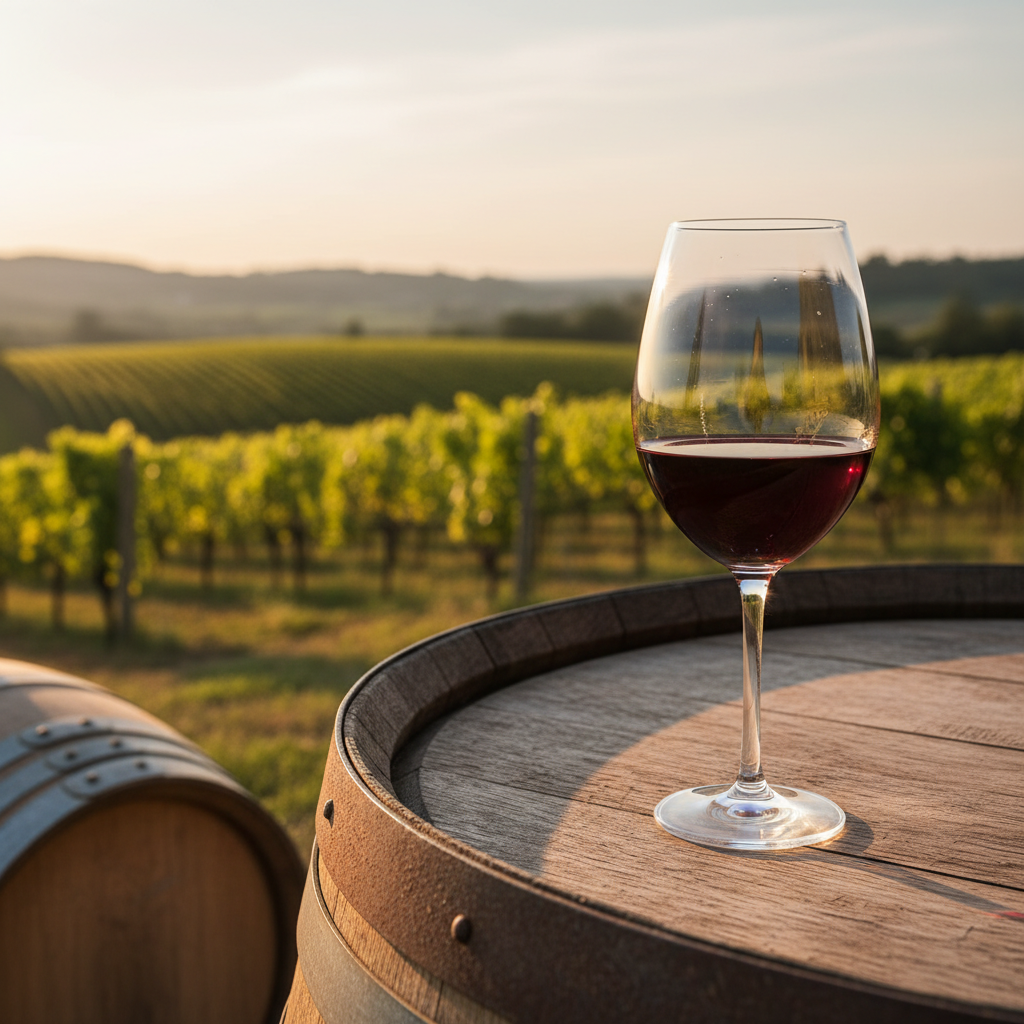 Taça de vinho tinto Blaufränkisch/Lemberger em uma mesa de madeira rústica, com um vinhedo ensolarado ao fundo, sugerindo uma harmonização gastronômica.