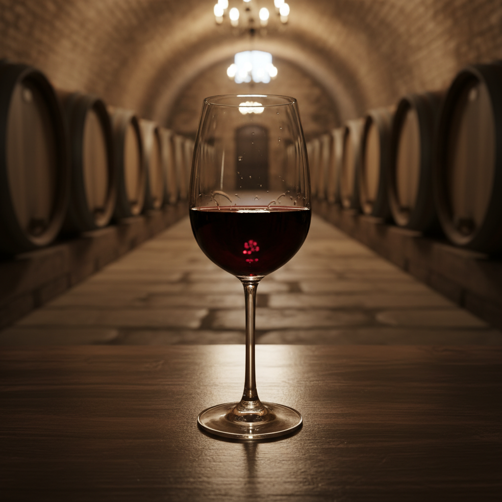Taça de vinho Brunello di Montalcino em ambiente de adega, com barris de carvalho ao fundo.