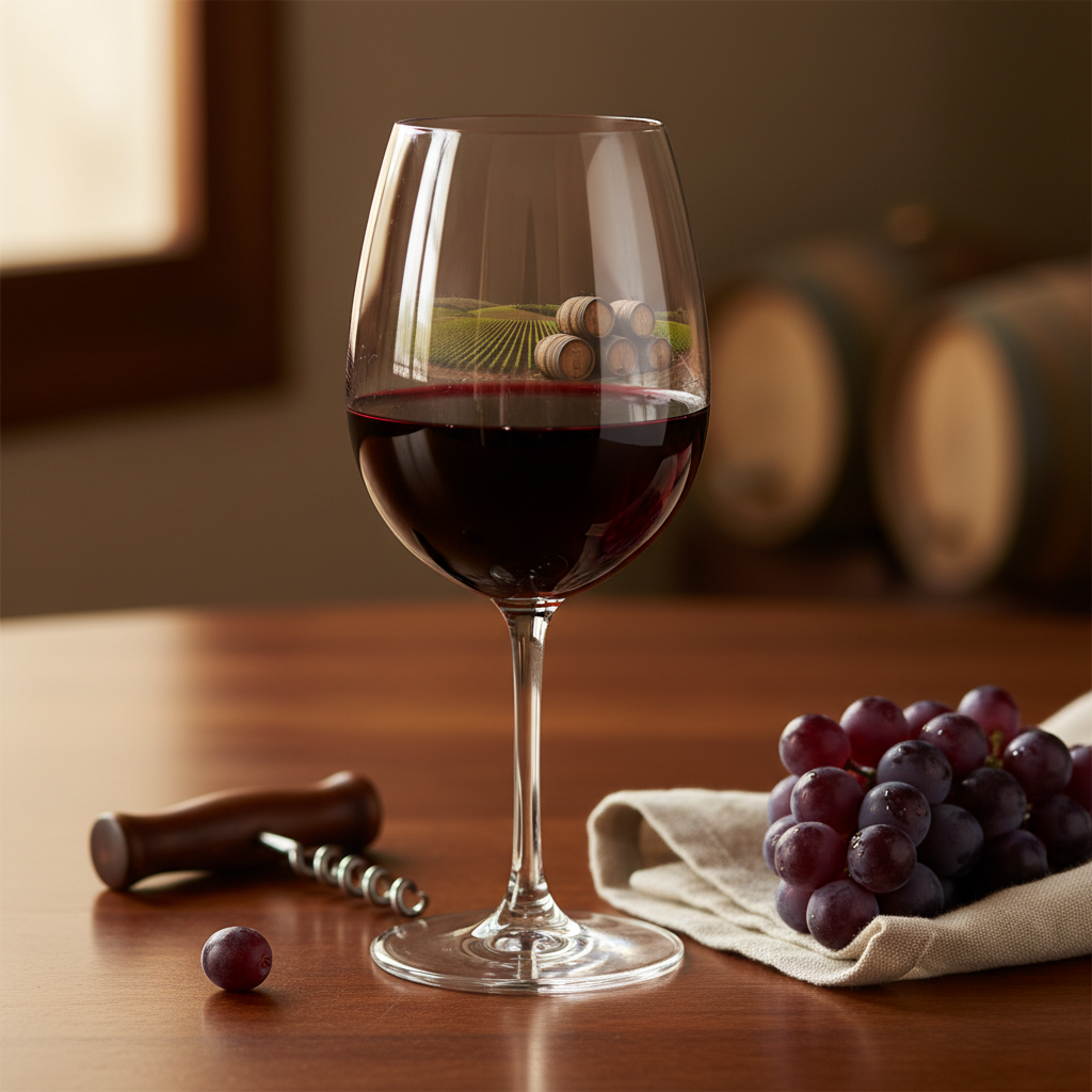 Taça de vinho Carmenère em um ambiente rústico de adega, com barris de carvalho e luz suave, evocando uma experiência de degustação.