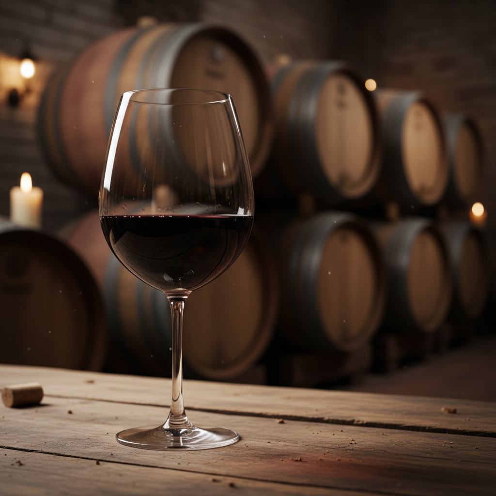 Taça de vinho Malbec em ambiente rústico de adega, com barris ao fundo.