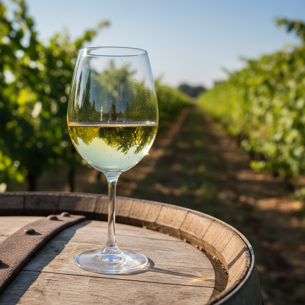 Taça de vinho branco Müller-Thurgau sobre um barril de carvalho em um vinhedo ensolarado.