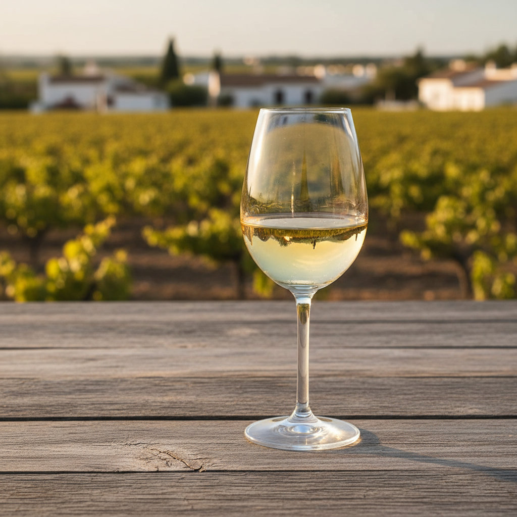 Taça de vinho Fino Palomino sobre uma mesa de madeira rústica, com um vinhedo ensolarado de Palomino ao fundo.