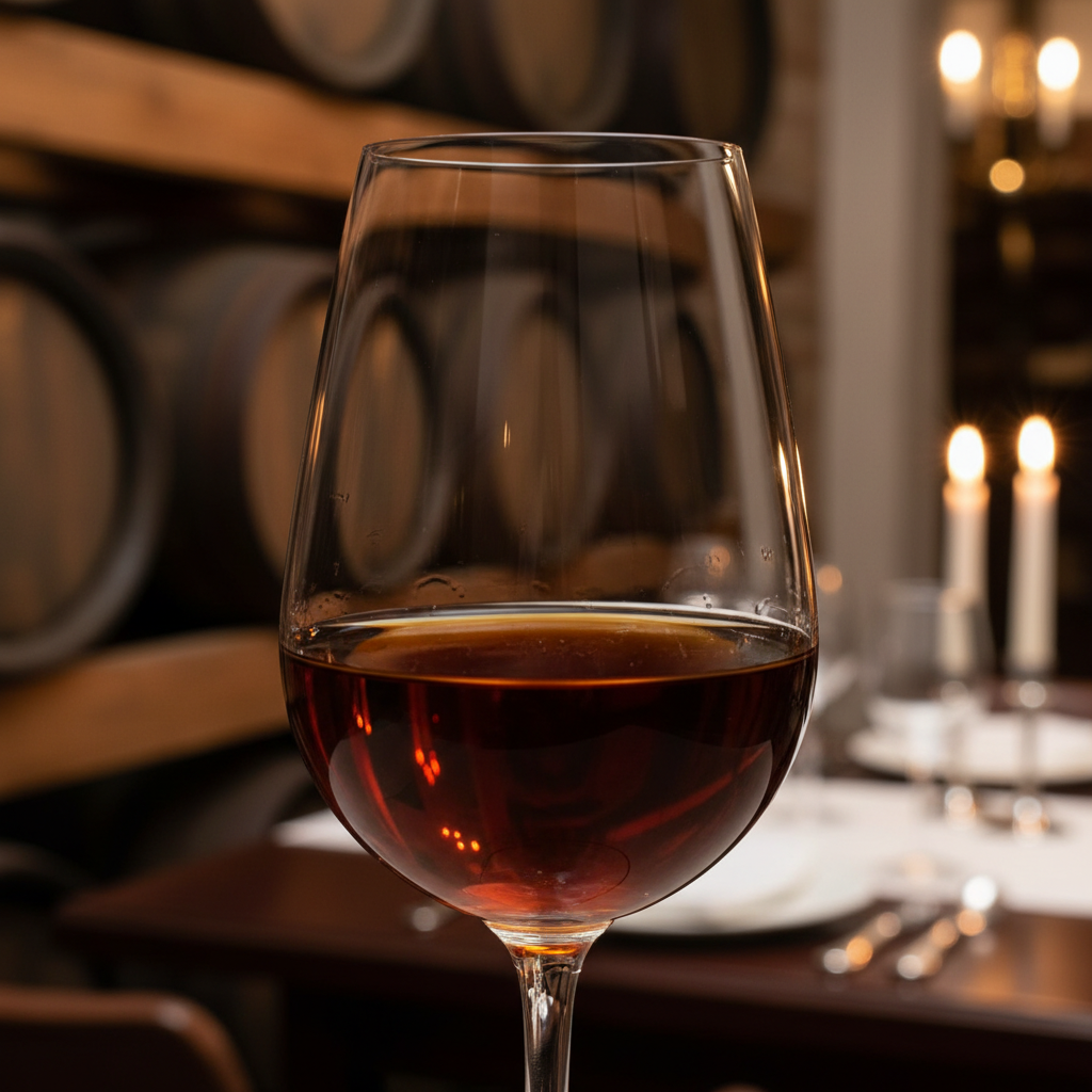Taça de vinho Pedro Ximénez escuro e viscoso em um ambiente de adega rústica ou mesa de jantar elegante, com iluminação suave.