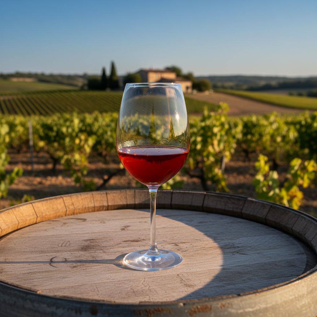 Taça de vinho tinto Picpoul Noir sobre uma mesa de madeira rústica, com um vinhedo ensolarado ao fundo no sul da França.
