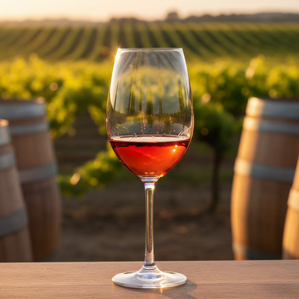 Taça de vinho tinto leve de Pinot Meunier com um vinhedo e barris de carvalho ao fundo.