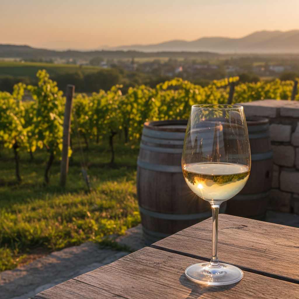 Taça de vinho Rotgipfler em mesa rústica com vinhedo austríaco ao pôr do sol e barris de carvalho ao fundo.