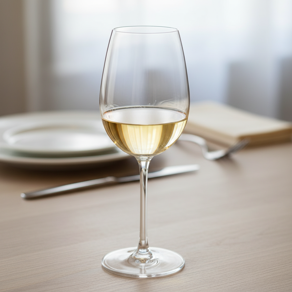 Taça de vinho Sercial de cor dourada clara sobre mesa de madeira, com fundo desfocado de um ambiente de jantar elegante, sugerindo uma harmonização sofisticada.