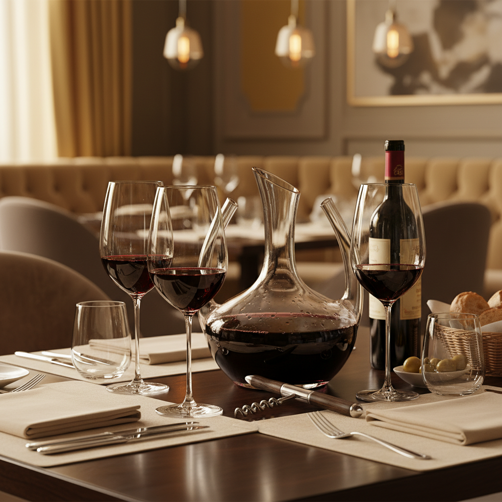 Mesa posta elegante com taças de vinho tinto, decanter e abridor, pronta para uma harmonização perfeita.