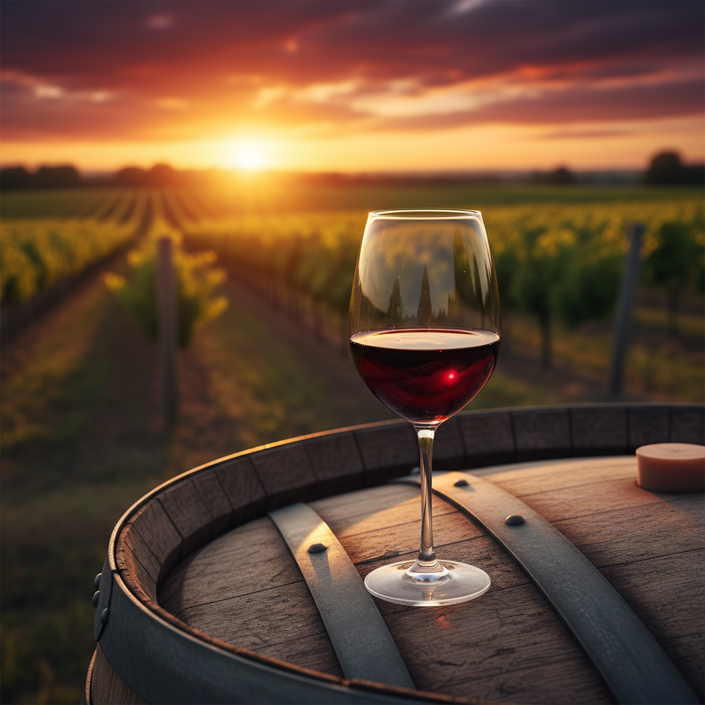 Taça de vinho tinto Villanella em barril de carvalho com vinhedo ensolarado ao fundo.