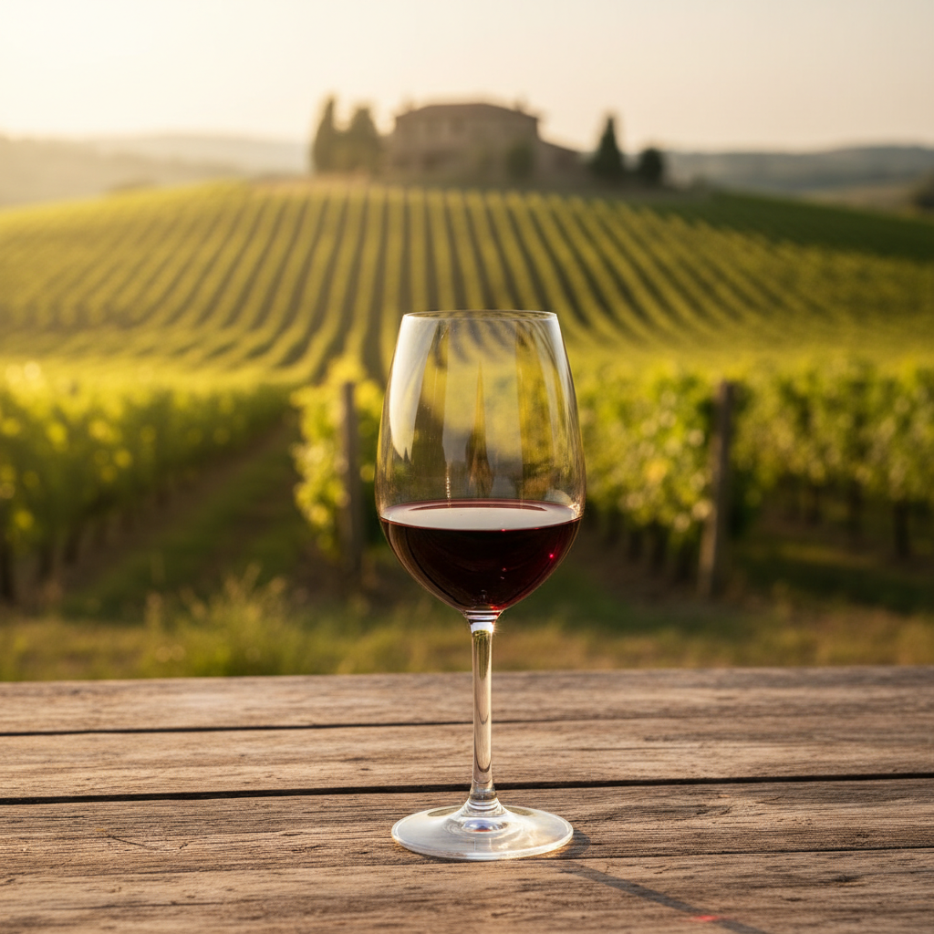 Taça de vinho tinto rubi sobre mesa de madeira, com vinhedo toscano ensolarado ao fundo.