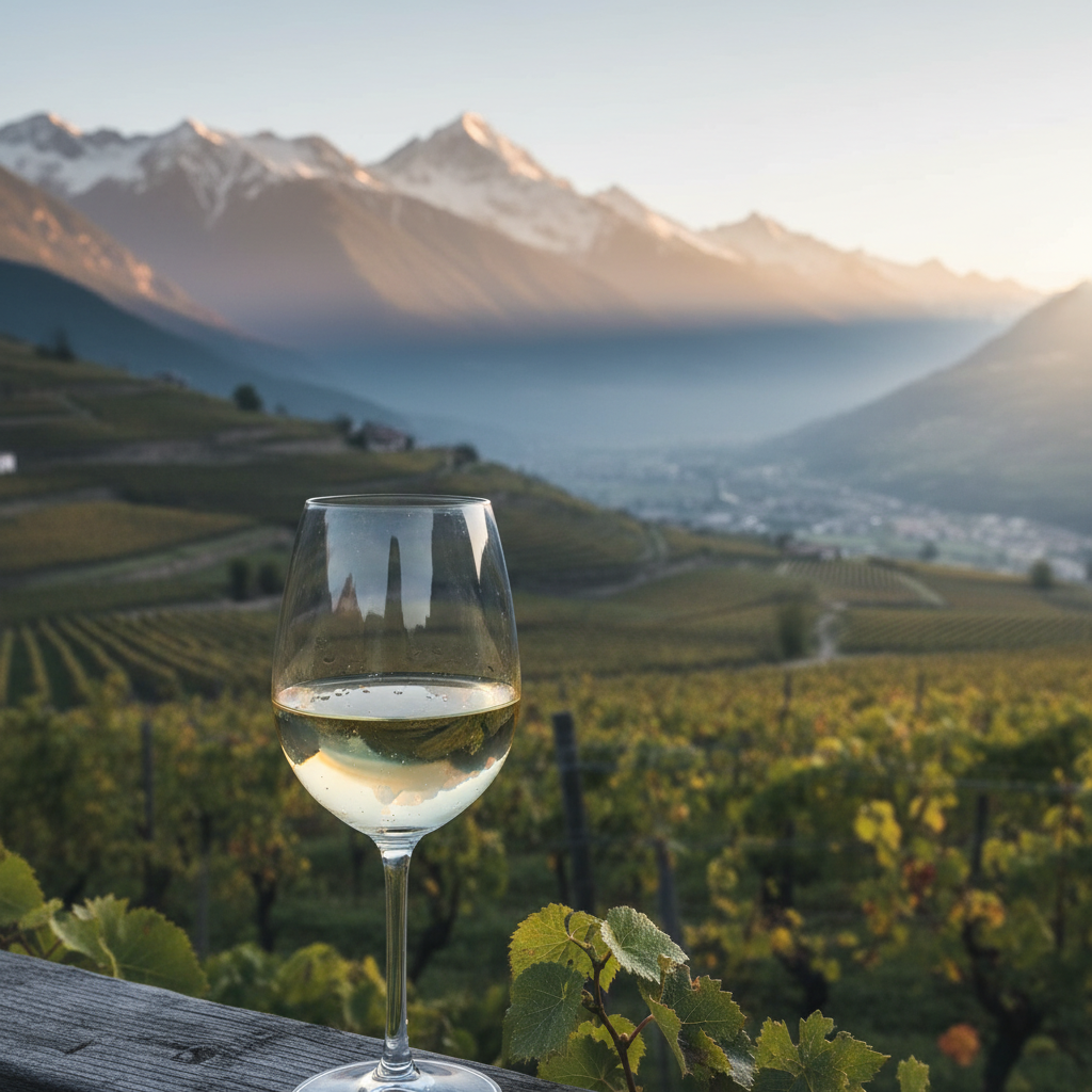 Uma taça elegante de vinho branco Jacquère em primeiro plano, com um vinhedo ensolarado nos Alpes franceses ao fundo, transmitindo frescor e a origem alpina do vinho.