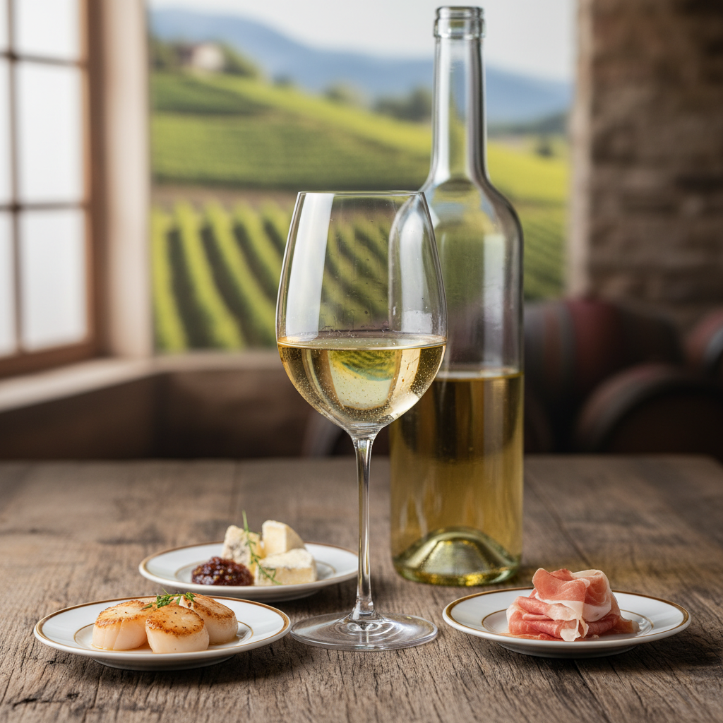 Taça de vinho Kerner ao lado de pratos gourmet, com uma garrafa da uva Kerner e um vinhedo ao fundo
