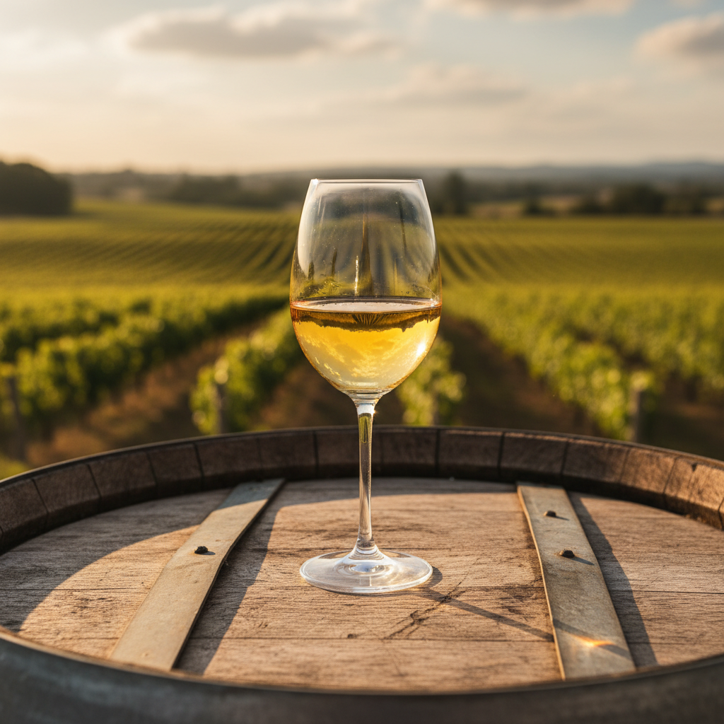 Taça de vinho branco Marsanne dourado sobre um barril de madeira em um vinhedo ensolarado.