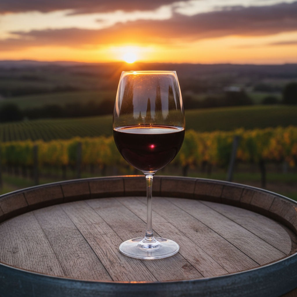 Taça de vinho Mataro tinto sobre barril de carvalho em um vinhedo ensolarado.