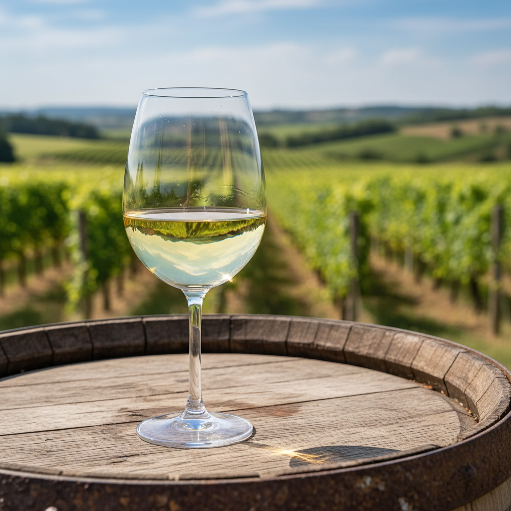 Taça de vinho branco Verdejo em cima de um barril de madeira, com um vinhedo ensolarado ao fundo.