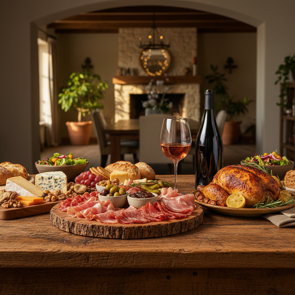 Mesa rústica com tábua de frios, frango assado e queijos, acompanhada de taça de vinho tinto Gamay e garrafa, em ambiente aconchegante.