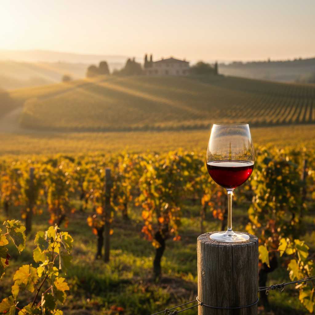 Taça de vinho tinto Castelão sobre um poste de madeira no meio de um vinhedo português ao pôr do sol.