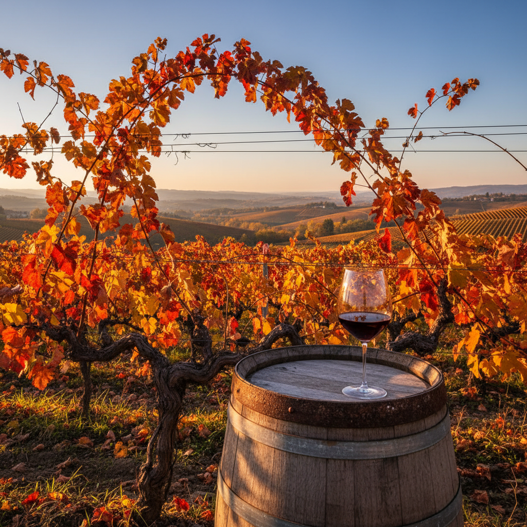 Vinhedo histórico de Nebbiolo no Piemonte, Itália, com folhas de outono em tons de vermelho e laranja, um barril de carvalho rústico e uma taça de vinho tinto, sob a luz dourada do sol.