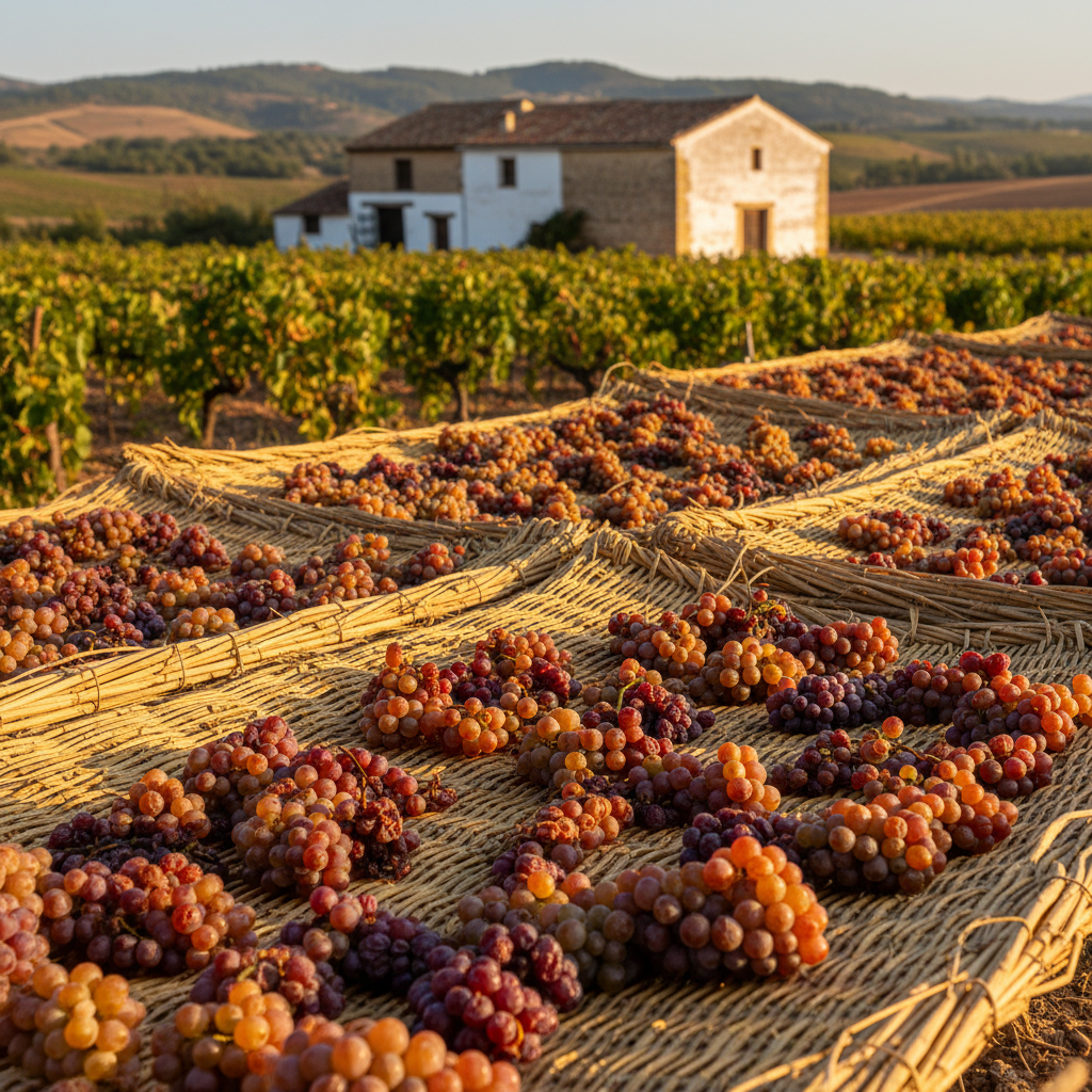 Uvas Pedro Ximénez secando ao sol em esteiras de esparto, processo essencial para a produção de vinhos doces na Andaluzia.