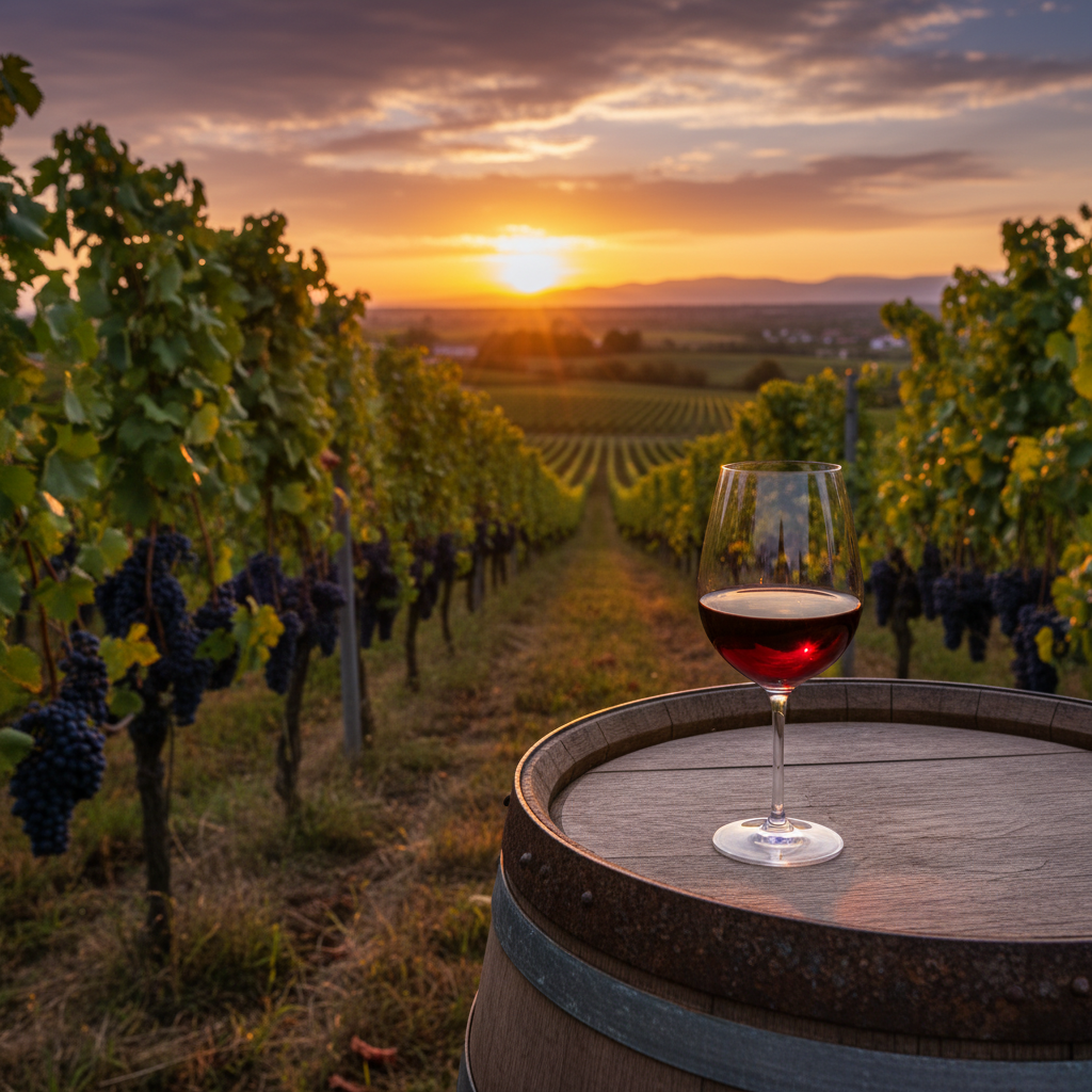 Vinhedo de Blaufränkisch ao pôr do sol com uvas maduras e uma taça de vinho tinto sobre um barril de carvalho.