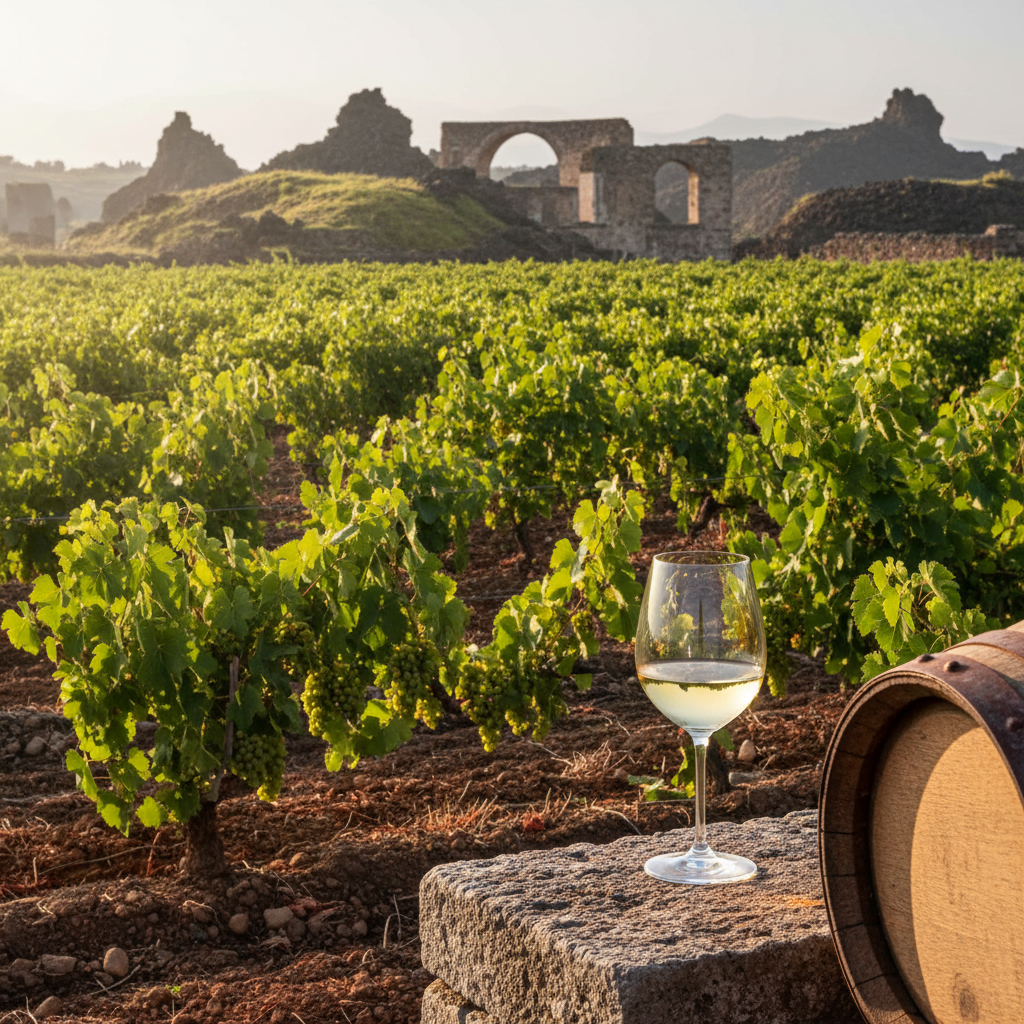 Vinhedo de Fiano na Campânia com paisagem vulcânica e ruínas romanas, taça de vinho Fiano ao lado de um barril de carvalho, luz dourada.