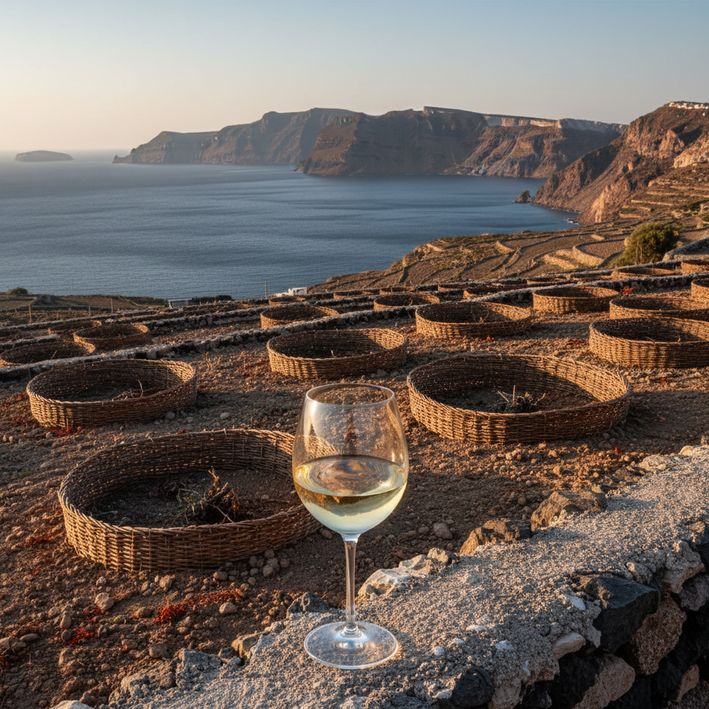 Vinhedo tradicional de Assyrtiko em Santorini, Grécia, com o mar Egeu ao fundo e um copo de vinho branco moderno sobre uma pedra.