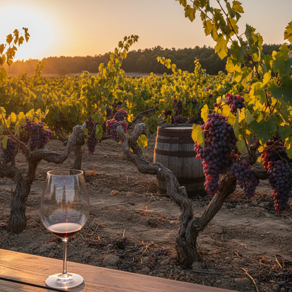 Vinhedo antigo de Castelão em Portugal ao pôr do sol, com uvas tintas maduras e uma taça de vinho moderna, evocando a rica história e o presente da uva.