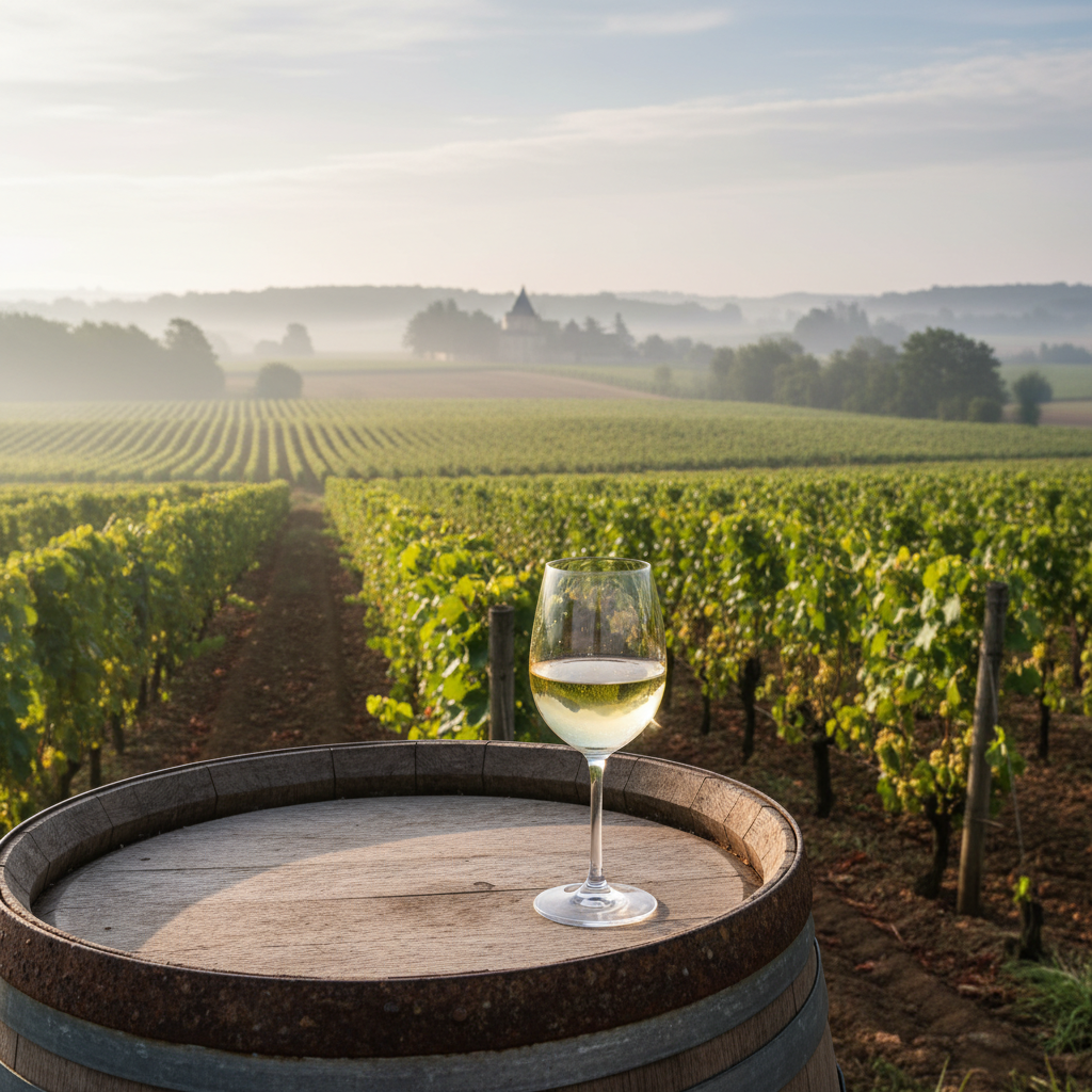 Vinhedo histórico de Chardonnay na Borgonha ao amanhecer, com uma taça de vinho Chardonnay sobre um barril de carvalho rústico, simbolizando a longa história da uva.