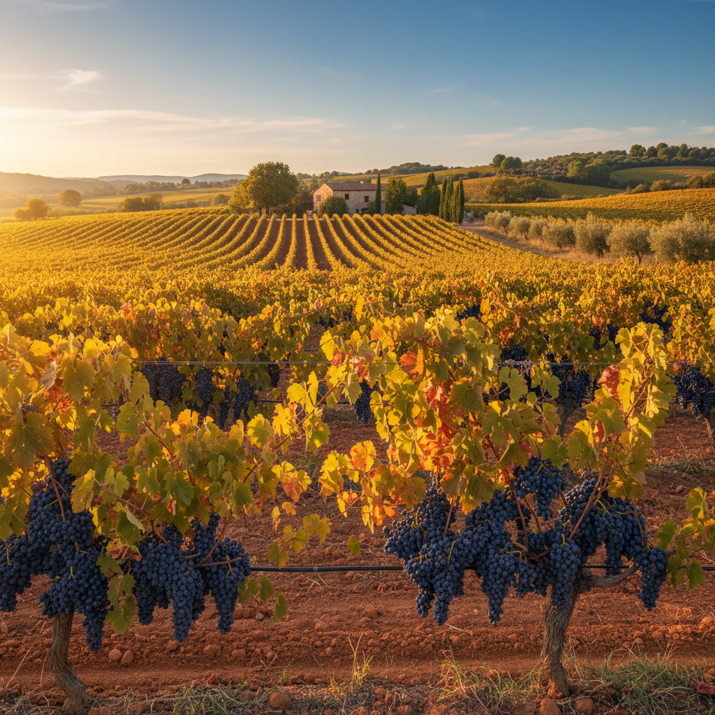 Vinhedo de uvas Mataro (Mourvèdre) sob o sol, com cachos de uvas escuras maduras, evocando a origem mediterrânea da casta.