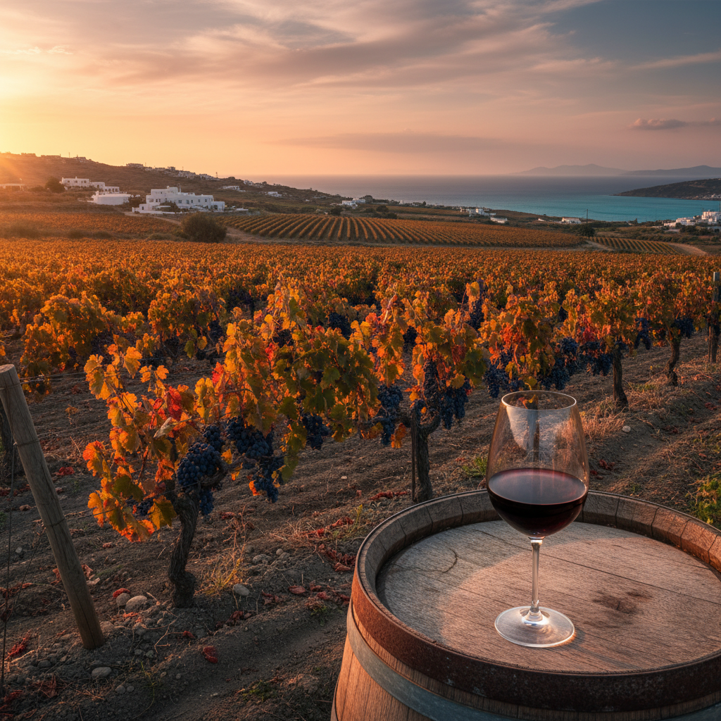 Vinhedo grego da uva Mavrodaphne ao pôr do sol, com taça de vinho tinto profundo e barril de carvalho.
