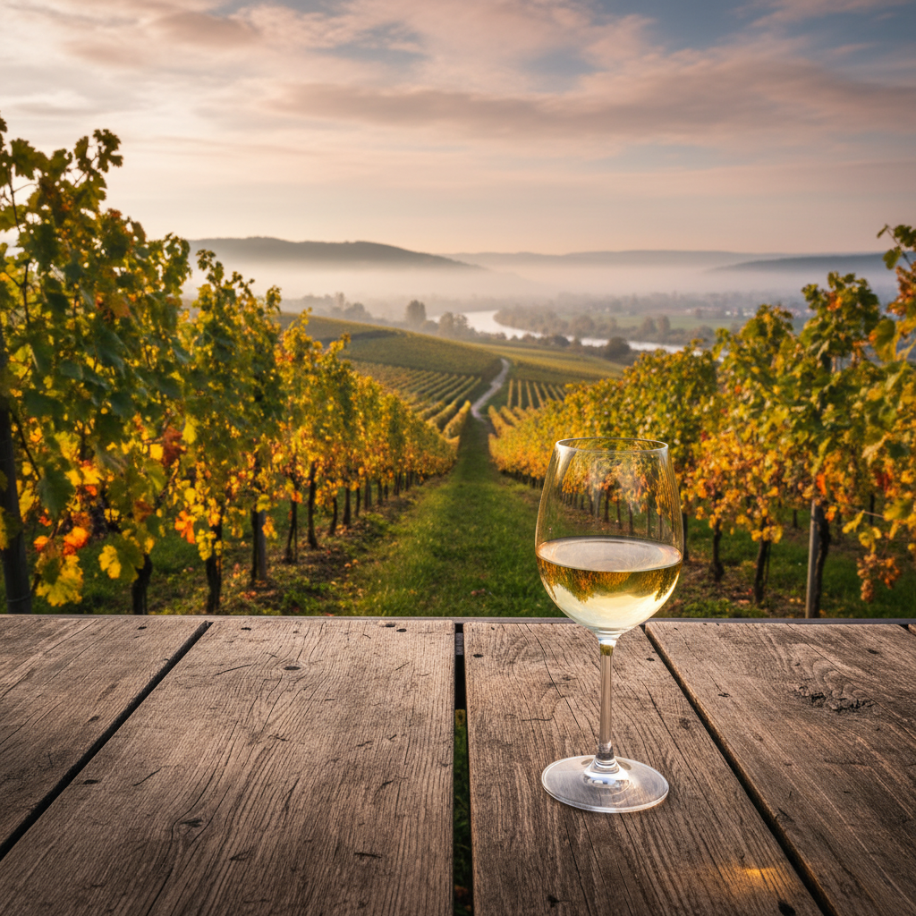 Vinhedo de Müller-Thurgau sob a luz dourada do pôr do sol, com uma taça de vinho branco em primeiro plano, evocando a história e a leveza da uva.