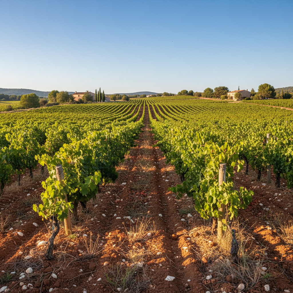 Vinhedo de Xarel-lo ensolarado na Catalunha, Espanha, com videiras verdes e cachos de uvas maduras, representando as raízes da viticultura catalã.