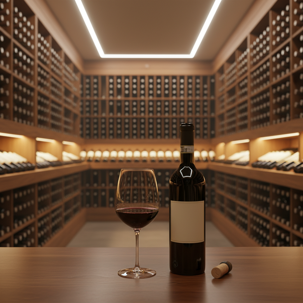 Garrafas de Brunello di Montalcino em adega sofisticada, com uma taça de vinho tinto e garrafa aberta em primeiro plano, sob iluminação quente.
