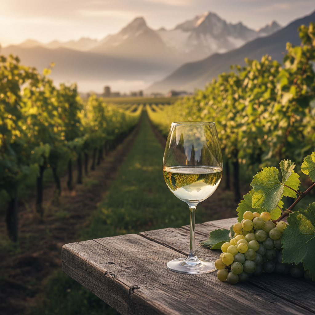 Taça de vinho branco Jacquère em um cenário de vinhedos e montanhas nos Alpes Franceses, evocando frescor e pureza.