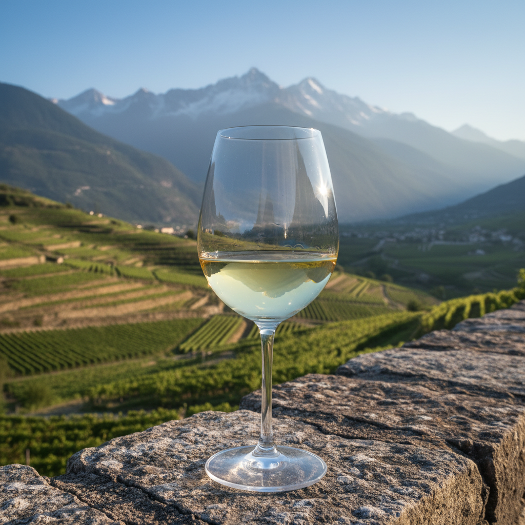 Taça de vinho branco Jacquère sobre muro de pedra com vista para vinhedos ensolarados nos Alpes franceses.