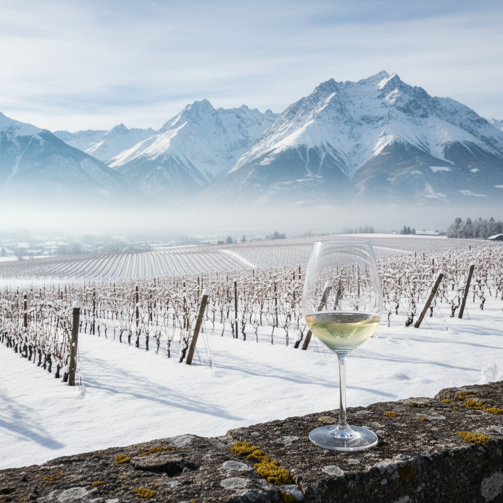Vinhedo de Jacquère coberto por neve na região da Savoie, Alpes Franceses, com uma taça de vinho branco sobre um muro de pedra, destacando o ambiente gélido e montanhoso.